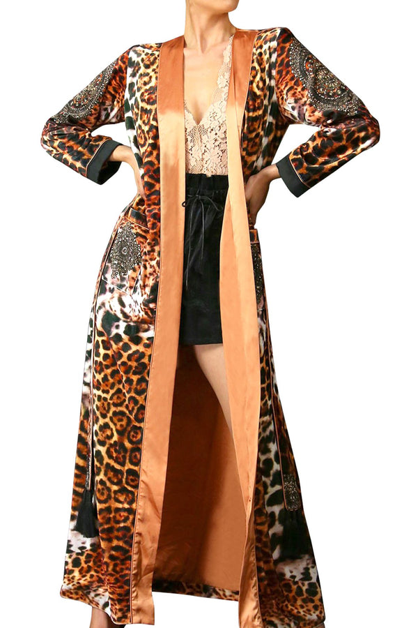 Black Trim Leopard Print Long Robe