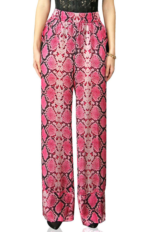 Snake Print  Silk Straight Leg Pants in Red